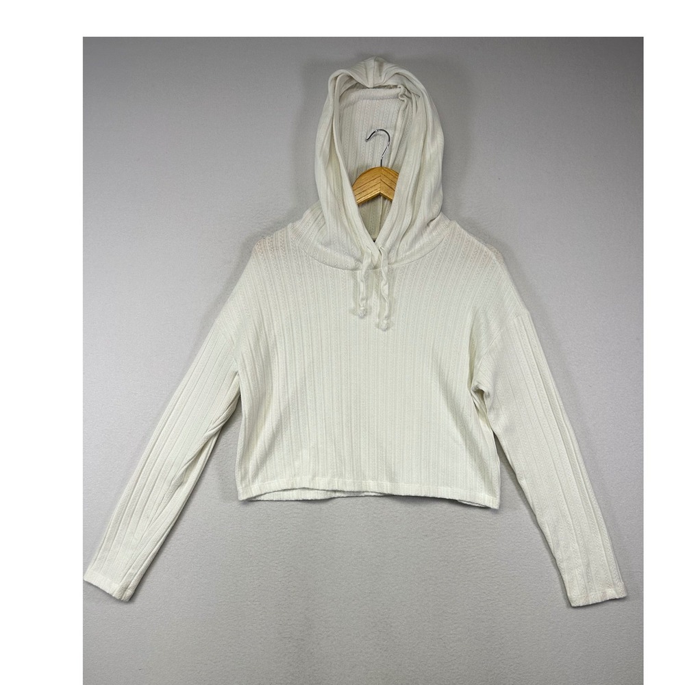 Minimalist ALYA Women Medium White Ribbed Knit Cropped Hoodie WS00884-1